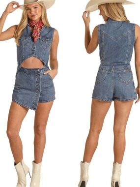 Rock & Republic Sleeveless Blue Denim Cutout Romper